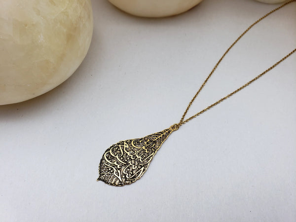 Calligraphy Leaf Pendant Necklace
