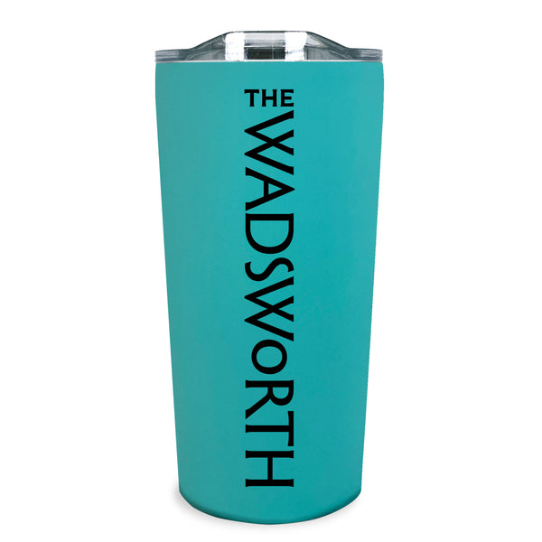 A verdigris tumbler cup with a clear lid and "the wadsworth" logo written vertically in black down the middle. 