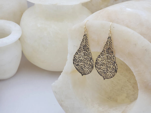 Calligraphy Leaf Pendant Earrings