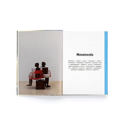 Open book showing a page with two black figures on chairs and the title 'Movements'.
