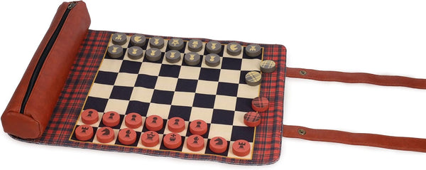 Pendleton Red Black Check Pattern Chess & Checkers - Travel-Ready Roll-Up Game