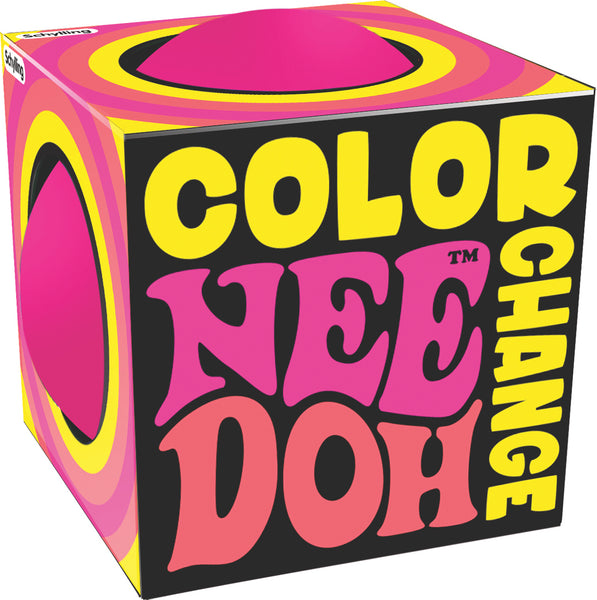 Color Change Nee Doh toy packaging with pink, yellow, and black design.