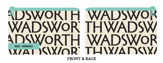 Two views of Wadsworth zippered pouch. Both sides feature layered 'Wadsworth' logo in black on white background with teal zipper and teal tag on the bottom lefthand corner that says '1842- Onward' in black. 