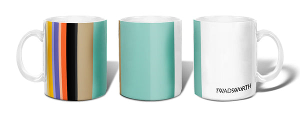 Three views of multicolor striped mug design with Wadsworth branding colors and logo on a white background