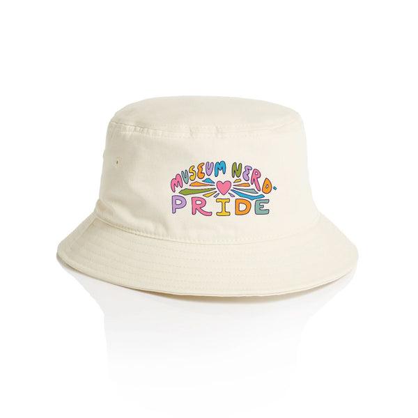 Beige bucket hat with colorful 'Museum Nerd Pride' text on a white background
