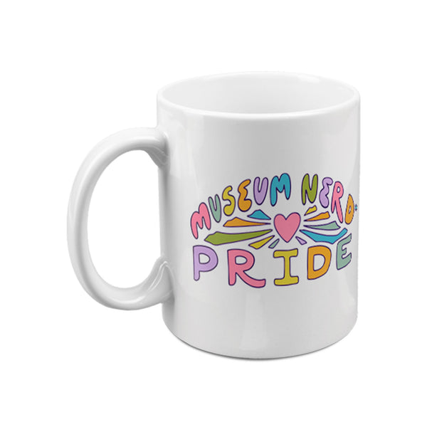 White mug with colorful 'Museum Nerd Pride' text on a white background