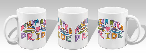 Three white mugs with colorful 'Museum Nerd Pride' text on a white background