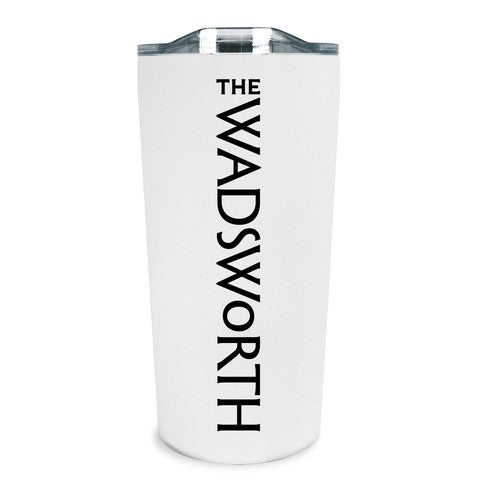 White tumbler with 'The Wadsworth' text in black font on a white background