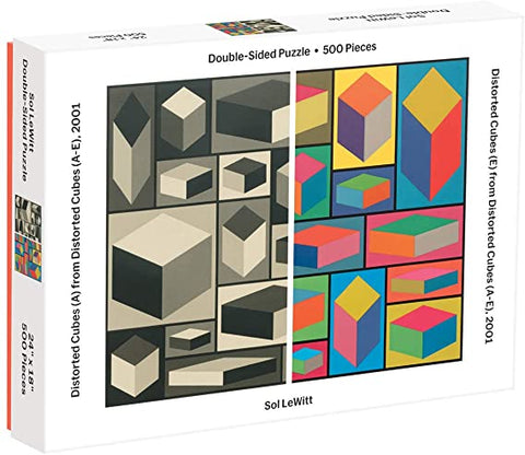 Double-sided 500 piece puzzle featuring Sol Lewitt's "Distorted Cubes" - one side glossy, one matte