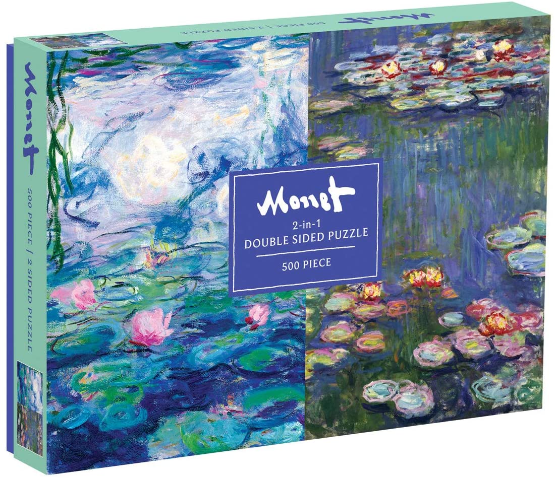 500 piece puzzle featuring 2 different Monet waterlilies paintings on the front & back - one glossy, one matte