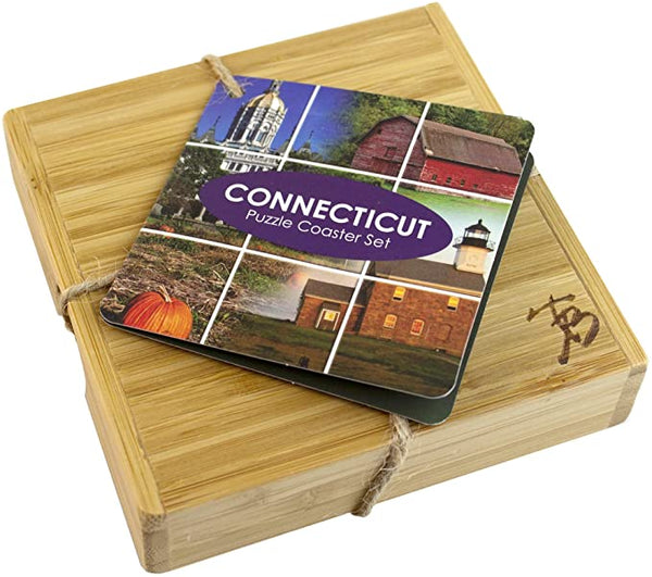 Connecticut State Puzzle 4 Piece Bamboo Coaster Set with Case