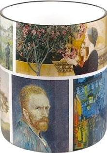 White mug featuring selected highlights of paintings from the collection of the Wadsworth Atheneum including Van Gogh, Klimt, Renoir, & more