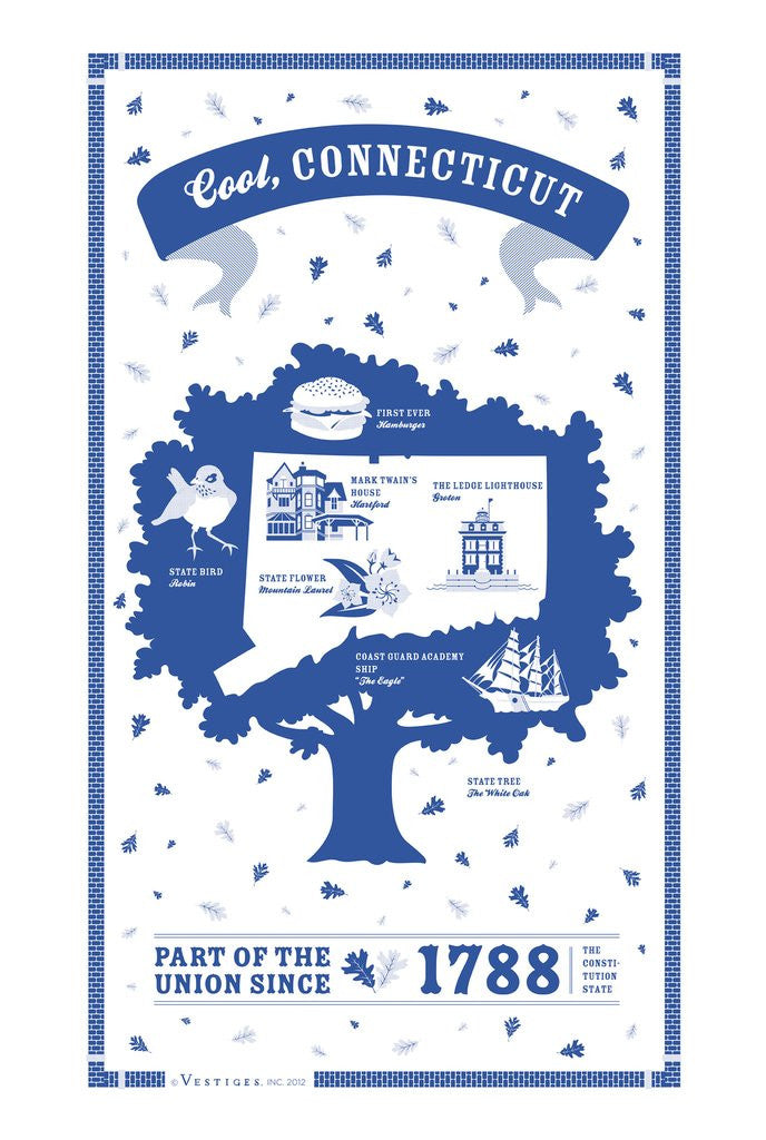 White tea towel featuring a blue design of Connecticut inside the Charter Oak Tree, with state landmarks inside the illustration