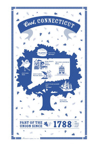 White tea towel featuring a blue design of Connecticut inside the Charter Oak Tree, with state landmarks inside the illustration