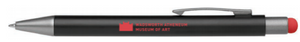 Black pen featuring the logo of the Wadsworth, which lights up in red LED when the button on top is pushed