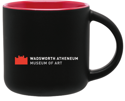 14 oz black mug with red interior, featuring the Wadsworth logo