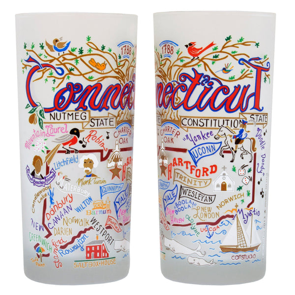 15 oz. frosted drinking glass feauring a colorful design of Connecticut landmarks