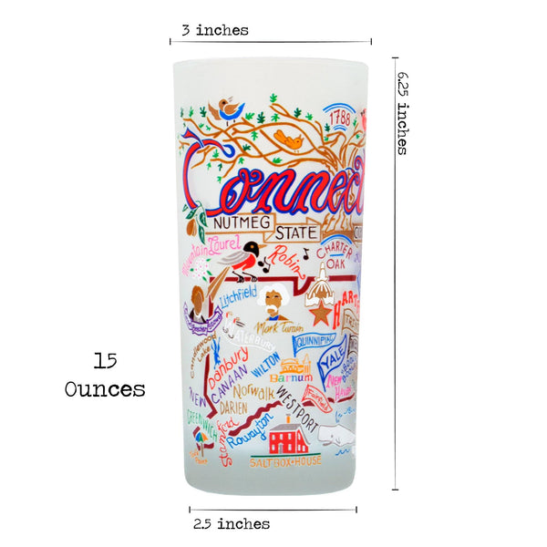 15 oz. frosted drinking glass feauring a colorful design of Connecticut landmarks - measures 6.25 x 2.5 x 3 inches