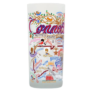 15 oz. frosted drinking glass feauring a colorful design of Connecticut landmarks