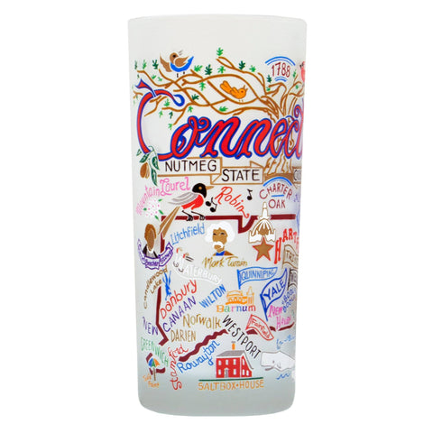 15 oz. frosted drinking glass feauring a colorful design of Connecticut landmarks