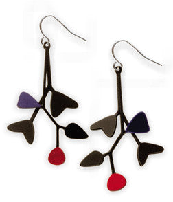 Hanging earrings inspired by Alexander Calder's mobiles, black with accents of red and blue