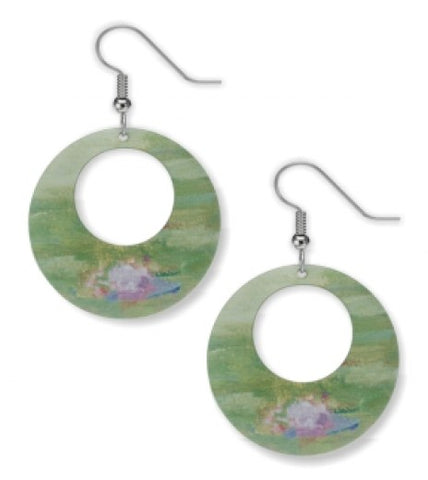 Circular hanging earrings inspired by Monet's waterlillies